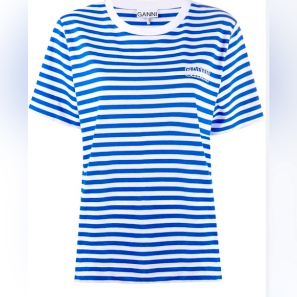Ganni Software Crewneck Stripe Recycled T-Shirt in Blue - Picture 1 of 6